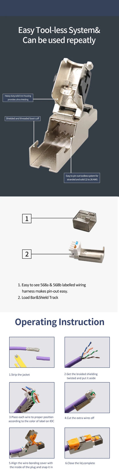RJ45 Cat8 Cat7 Cat6A Connectors Metal Tool Free Easy Termination Plug 2000MHz 40G LAN Cable 22AWG - 24AWG Reusable Ethernet Plug