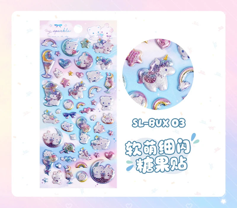 3 pcs/6 pcs Sweet Candy Pets Cat Coffee Cakes Flash Puffy 3D Stickers Scrapbooking Diy Diary Stationery Stickers School Supplies