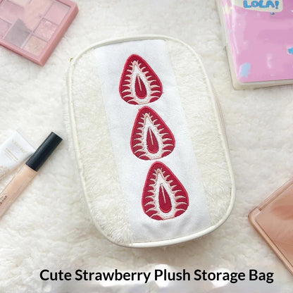 Cute Embroidered Strawberry Pencil Case Portable Stationery Pen Box Multi Functional Large Capacity Makeup Bag Storage Bag
