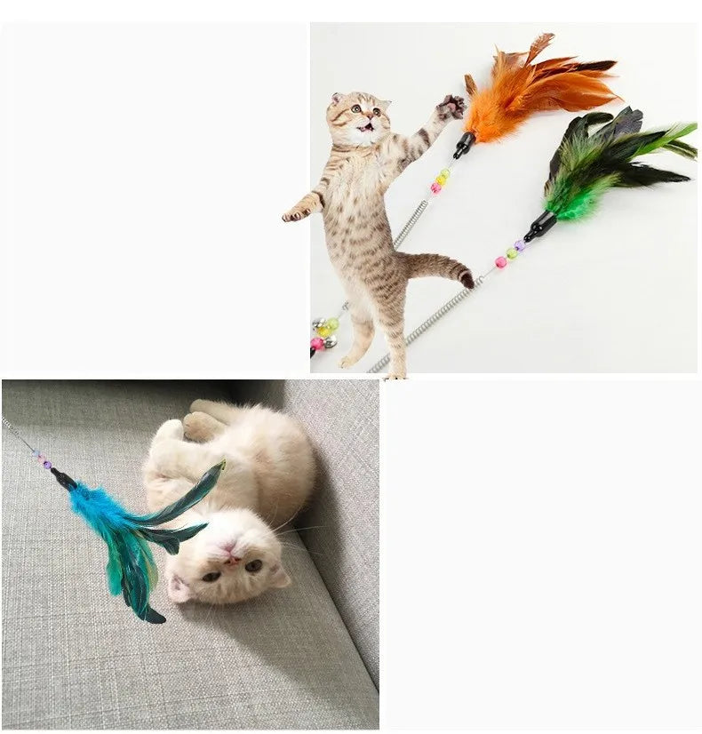 Cat Toy Feather Cats Sticks Teaser Cat Toys Interactive Spring Handle Kitten Toys with Bell Training Cats Stick Toy Pet Supplies