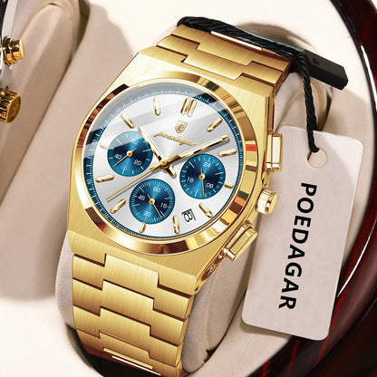 POEDAGAR Fashion Man Watches Chronograph Date Stainless Steel Casual Men Wristwatch Waterproof Luminous Men's Quartz Watch Reloj