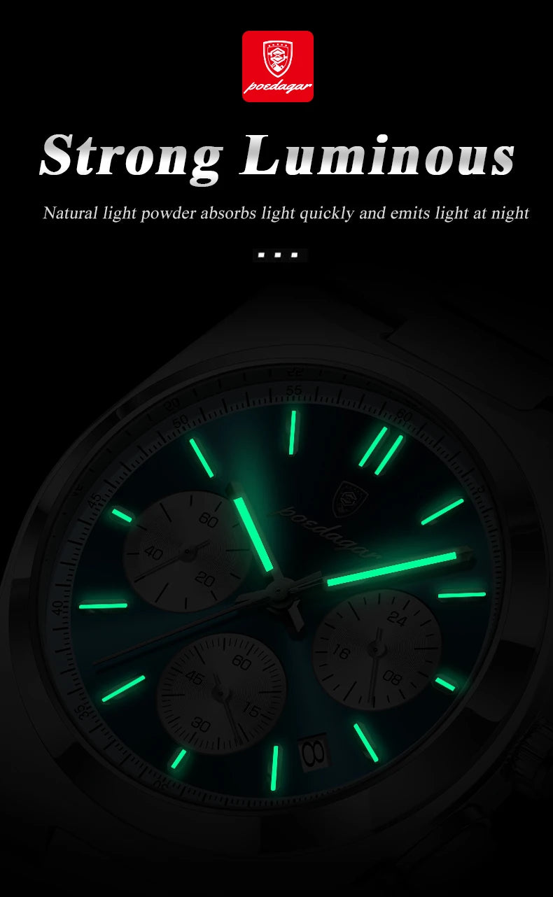 POEDAGAR Fashion Man Watches Chronograph Date Stainless Steel Casual Men Wristwatch Waterproof Luminous Men's Quartz Watch Reloj