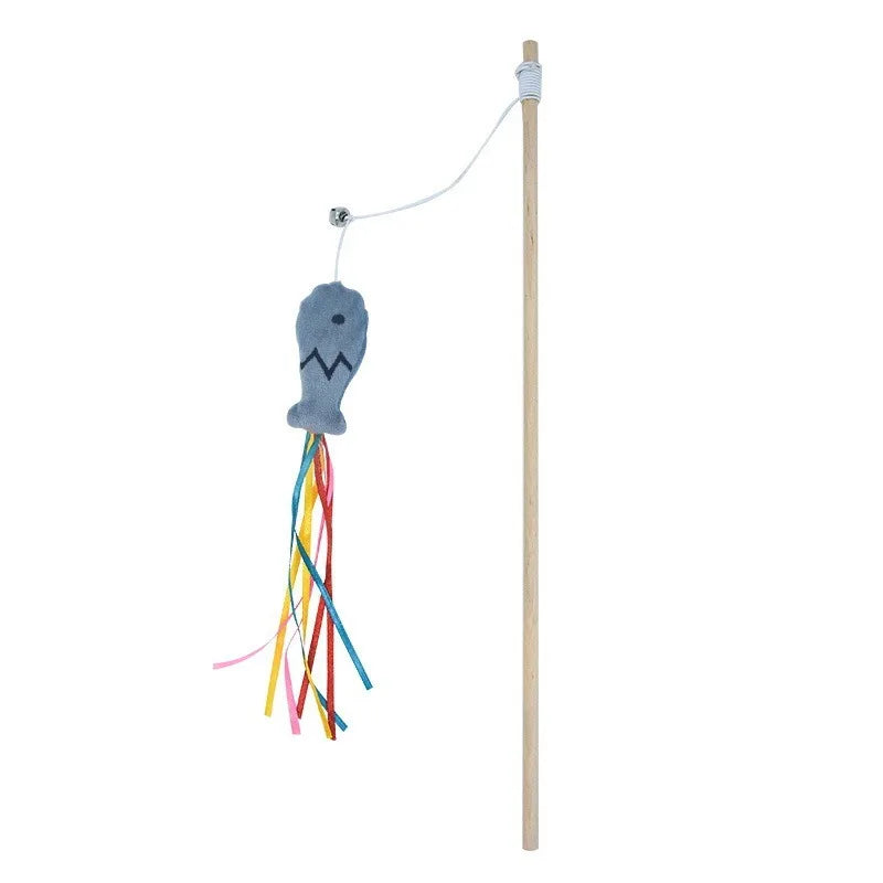 Fashion Cat Wand Toy Natural WoodenTeaser Wand for Cat Interactive Elastic String Cat Stick Pole Toy for Indoor