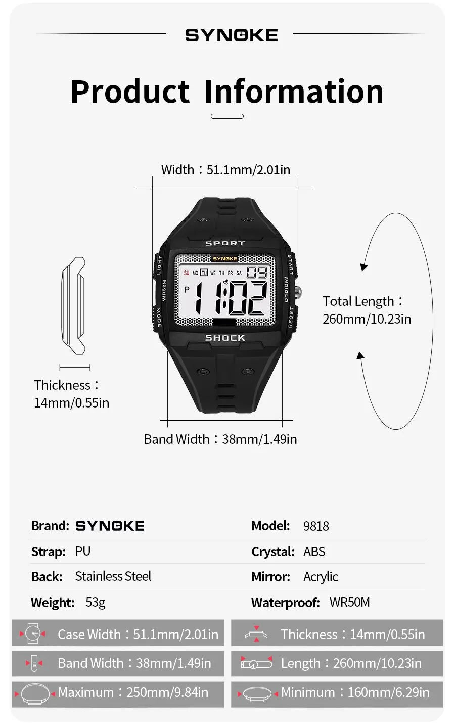 SYNOKE New For Men Sports Electronic Watch Waterproof Night Glow Large Screen Square Outdoor Running Camping Student Watch