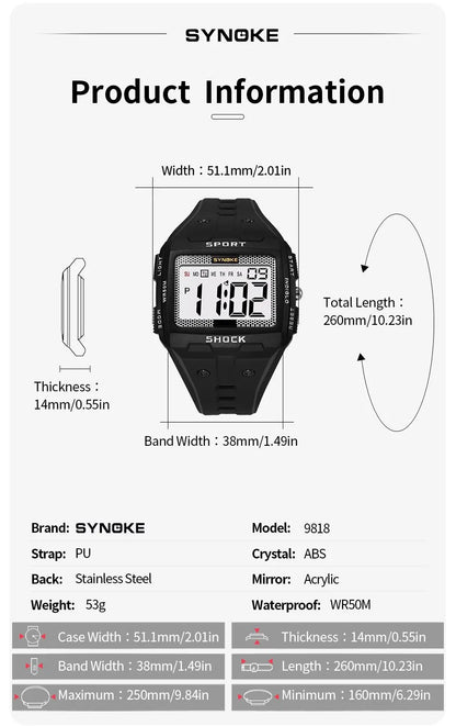 SYNOKE New For Men Sports Electronic Watch Waterproof Night Glow Large Screen Square Outdoor Running Camping Student Watch