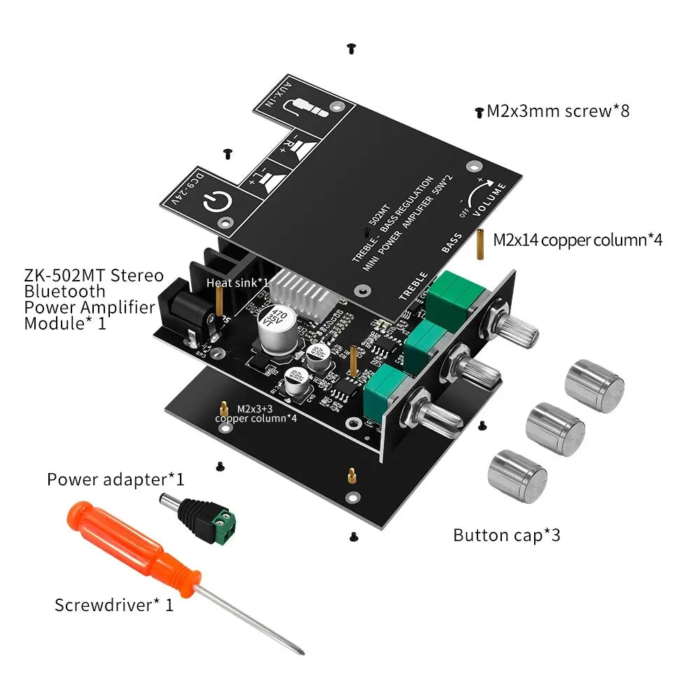 ZK-502MT 2.0 Stereo Bluetooth Audio Digital HIFI Amplifier Board Module 50W * 2 High and Low Bass Tunes