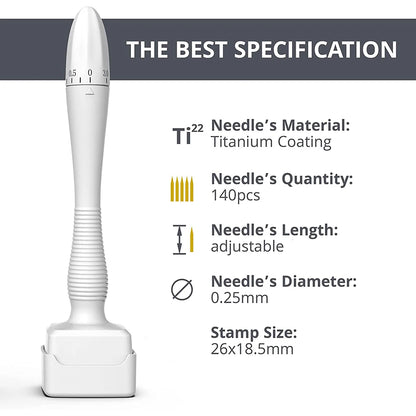 White 140Pins Derma Stamp Adjustable Needle Length 0.25mm Microneedle Real Needle Skin Care Beard Growth Scalp Hair Re-Growth