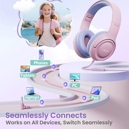 Acer HK03 Kids Wired Headphones for School 85/94dB Volume Limiter 3.5mm Jack Foldable Stereo Sound Headset for Girls Boy Gifts