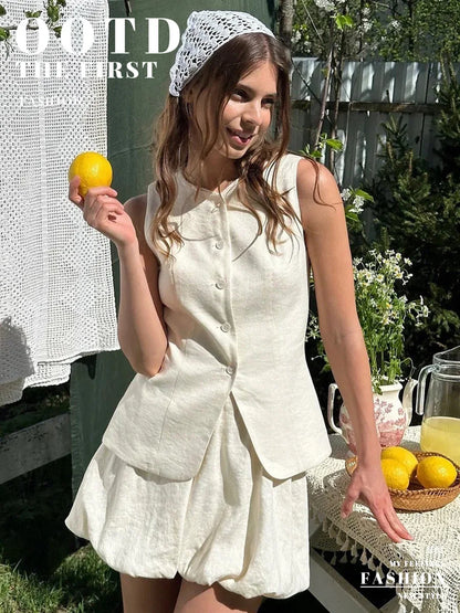 Bornladies Cotton Chic Casual Vest Mini Skirt Set Women's Fashion Commuter Sleeveless Tank Top Loose Shorts Suits Summer New