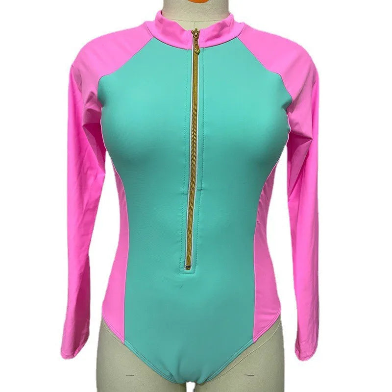 New Patchwork One-Piece Swimsuit Long Sleeve Swimwear Sports Backless Women's Swimming Bathing Suit Beach Wear Bather Surfing