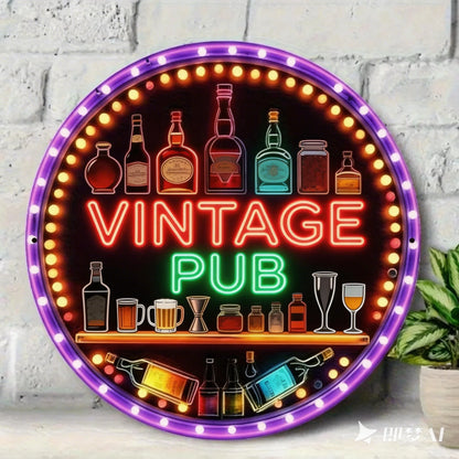 Retro-Style Neon Light Bar Metal Sign - Colorful Beverage Bottle Design | Round Aluminum Plaque | Perfect for Beach Villa