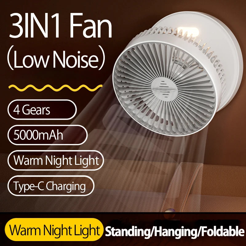 2024 New Rechargeable 3IN1 Multifunctional Portable Fan Wall Mounted Fan 90° Folding Fan 4 Gears With Warm Night Light