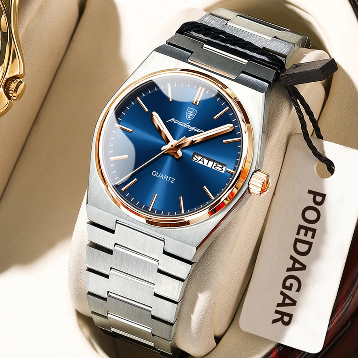 POEDAGAR Elegant Woman's Watch Date Week Waterproof Luminous Ladies Clock Quartz Stainless Steel Fashion Watches For Women Reloj