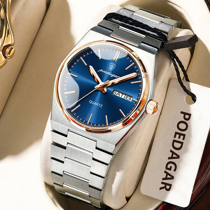 POEDAGAR Elegant Woman's Watch Date Week Waterproof Luminous Ladies Clock Quartz Stainless Steel Fashion Watches For Women Reloj