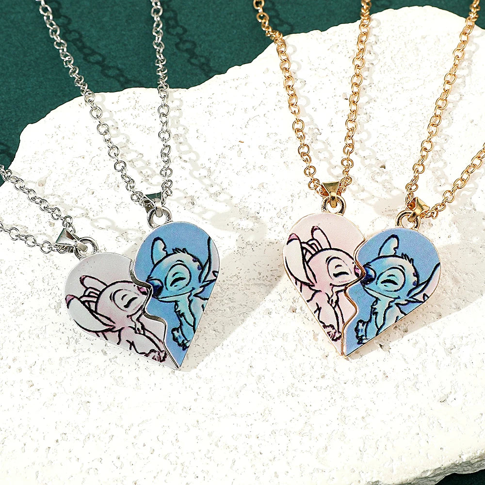 Couple's Stitch Heart Necklace - Gold & Silver Angel And Stitch Cute Style Jewelry Pendant Gift for Girls