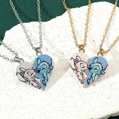 Couple's Stitch Heart Necklace - Gold & Silver Angel And Stitch Cute Style Jewelry Pendant Gift for Girls
