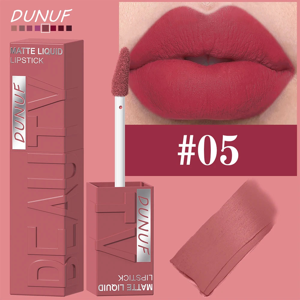 DUNUF 8-Color Matte Velvet Smooth Easy-to-Apply Square Tube Lip Gloss Waterproof Three-Dimensional Plumping Lipstick
