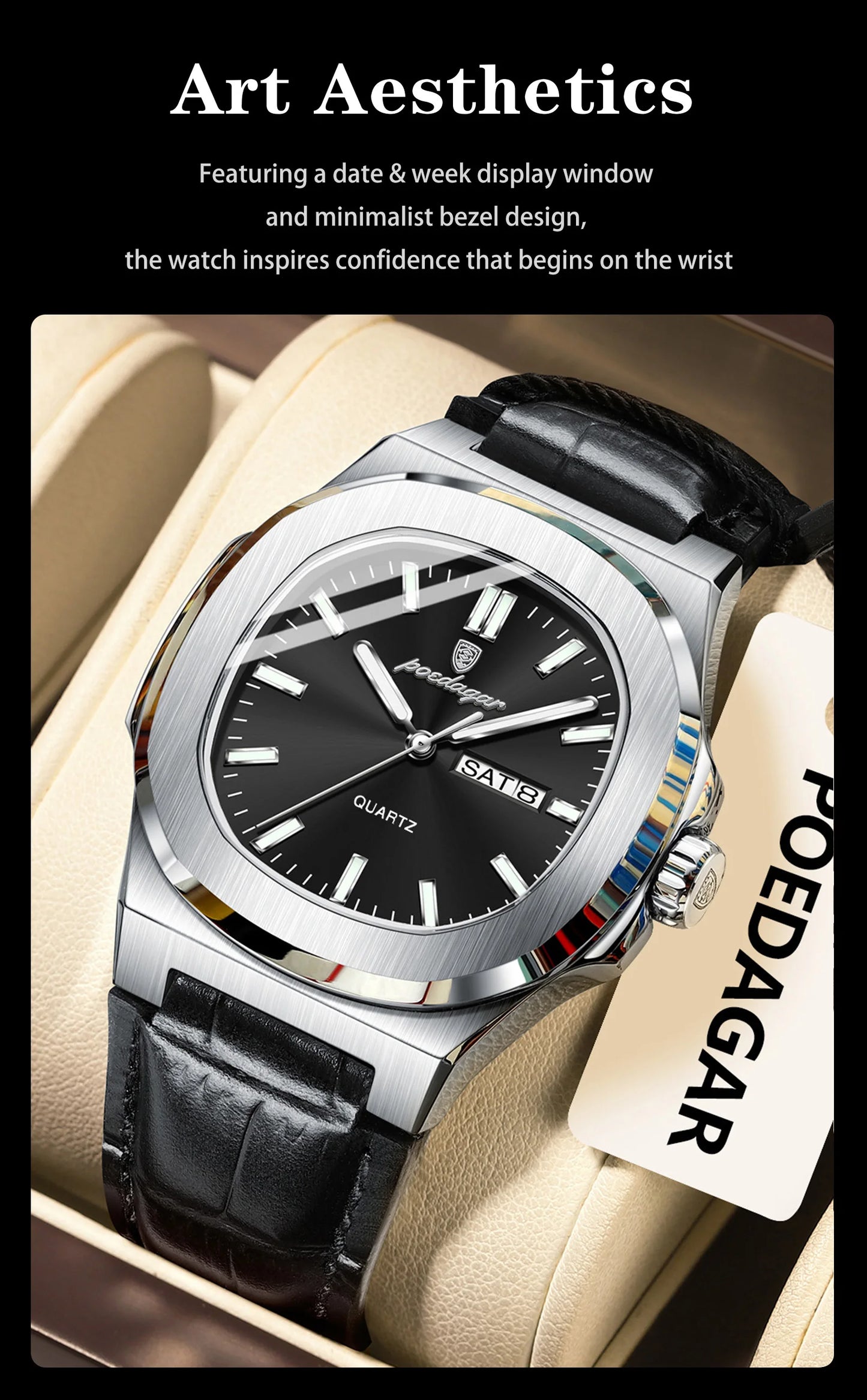 POEDAGAR Square Wristwatch For Men Luminous Waterproof Week Calendar Luxury Man Clock Leather Quartz Fashion Men's Watches Reloj