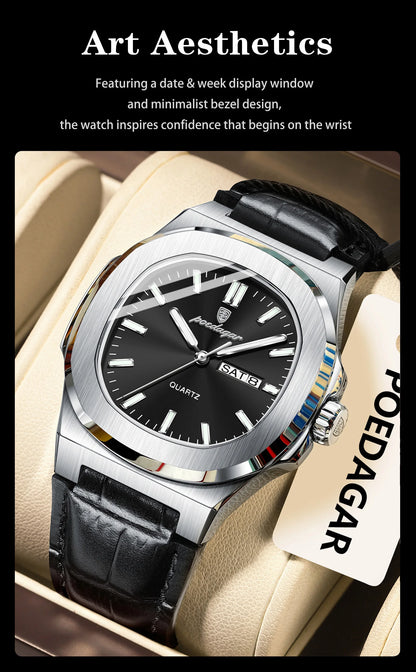 POEDAGAR Square Wristwatch For Men Luminous Waterproof Week Calendar Luxury Man Clock Leather Quartz Fashion Men's Watches Reloj