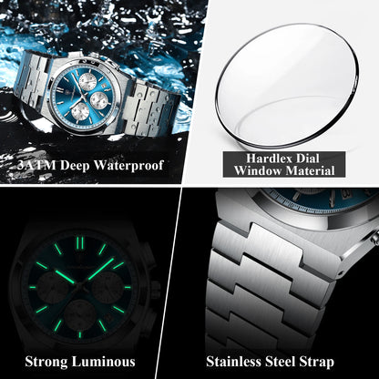 POEDAGAR Fashion Man Watches Chronograph Date Stainless Steel Casual Men Wristwatch Waterproof Luminous Men's Quartz Watch Reloj