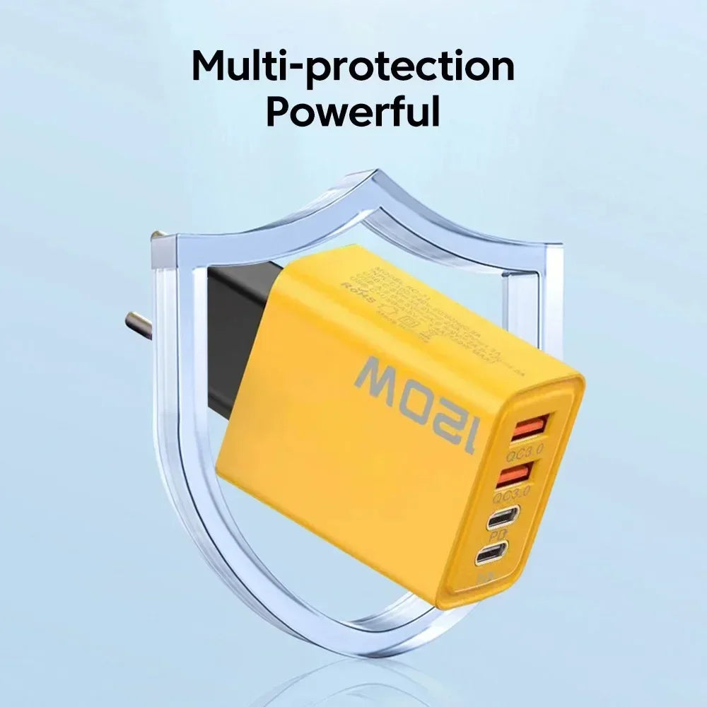 Quick Charge 3.0 Fast Charger Muti Total 120W 4 Port USB Type C PD Mobile Phone Wall Adapter for iPhone 16 Samsung S24 Xiaomi 15
