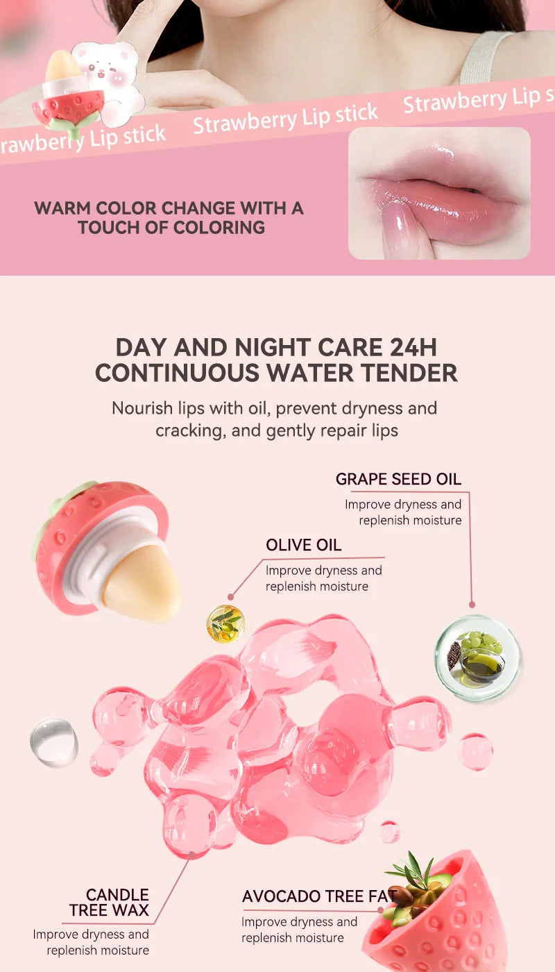 Shiji Strawberry Temperature-Changing Lip Balm — Intense Hydration, Protects and Softens Lips, Perfect for Students