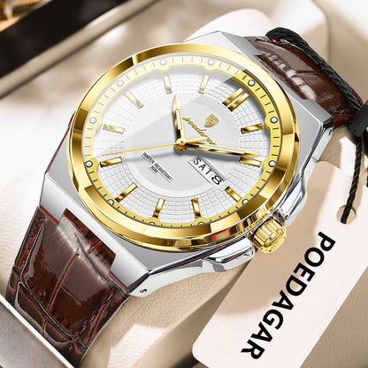 POEDAGAR Fashion Brand Man Wristwatch Waterproof Luminous Date Week Quartz Luxury Men's Watches Leather Business Men Watch Reloj