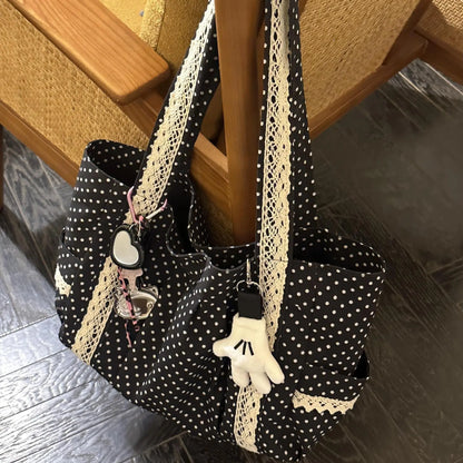 Korean Vintage Canvas Shoulder Bag Women Cute Lace Large Capacity Tote Bag Multi Pocket Handbag Fashion Round Dot Underarm Bag