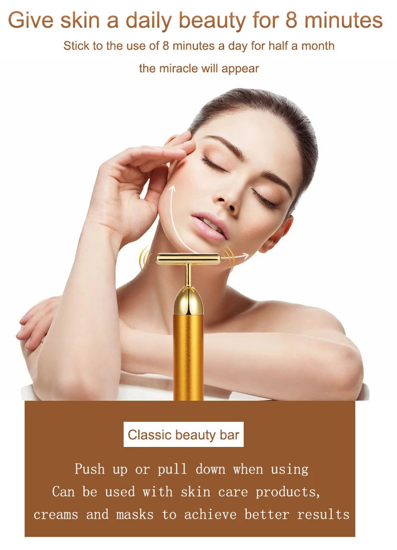 24K Electric Face-Lifting Rose Gold Stick T-Shaped Tacial Massager Skin Tightening Electric Beauty Instrument