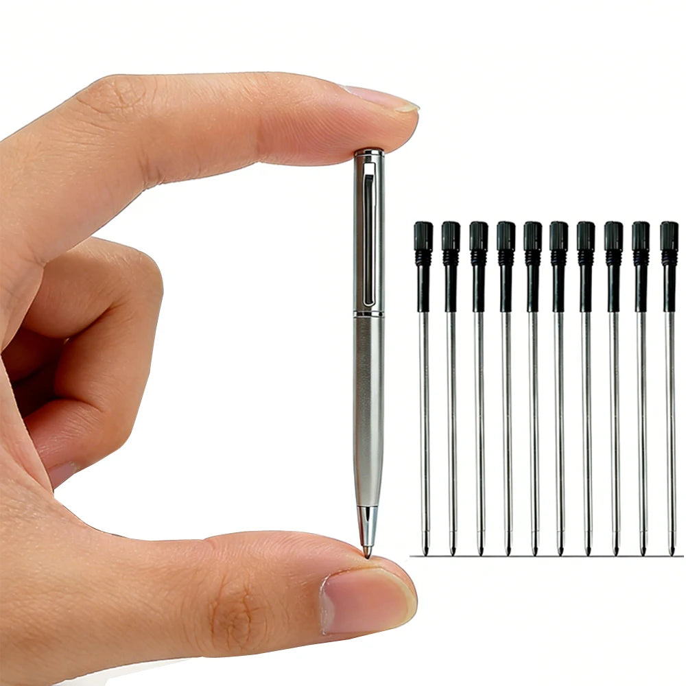 Mini Stainless Steel Metal Ballpoint Pen with 10 Replacement Refills Set, Portable Pocket Ballpen Compact Short Pen for Wallet