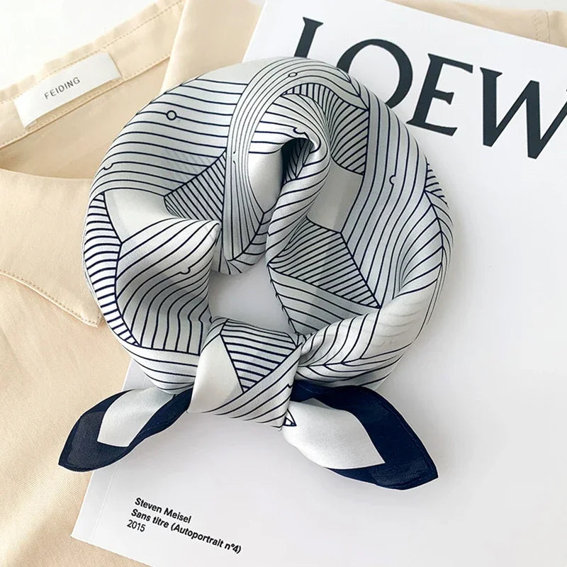 68cm Striped Geometric Pattern Silk Scarf for Women Imitation Silk Fresh and Versatile Headwear Clothing Square Scarf
