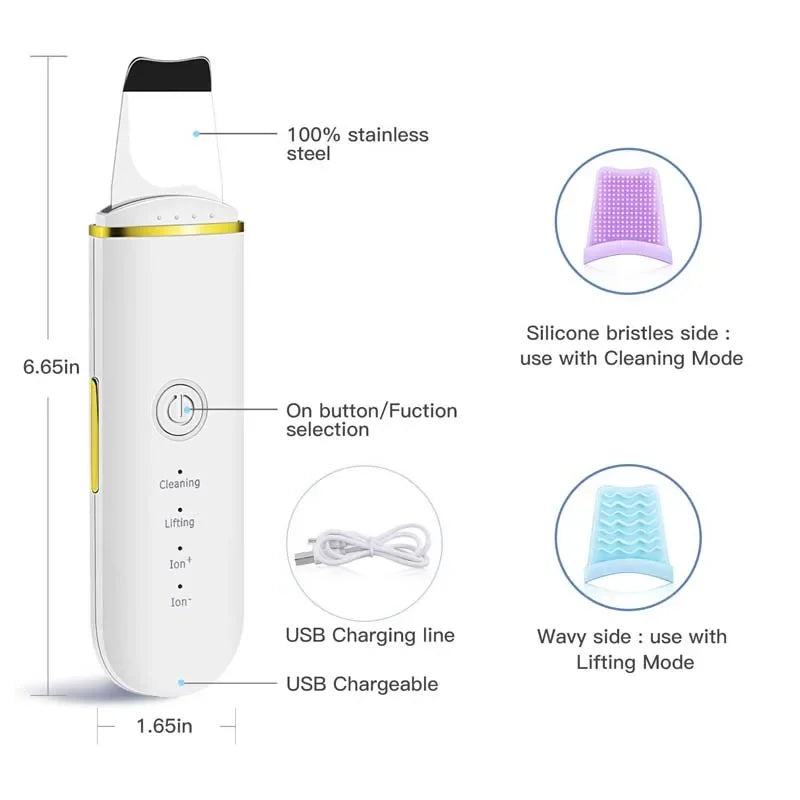 Ultrasonic Skin Scrubber Face Spatula Pore Cleaner Blackhead Remover Shovel Skin Care Tool for Facial Lifting and Deep Cleansing
