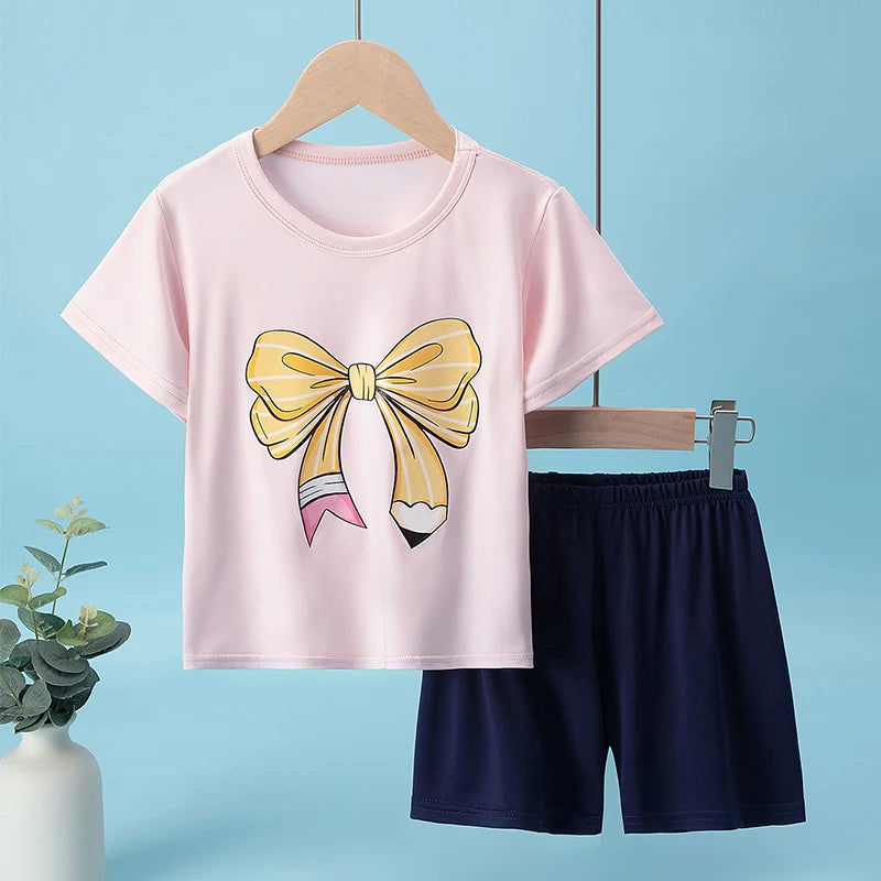 2-Pcs Children's Casual Cute Home Service Suit Boy Casual Joker Bear Print Short Sleeve Girl Comfortable Joker Sweet Shorts Suit