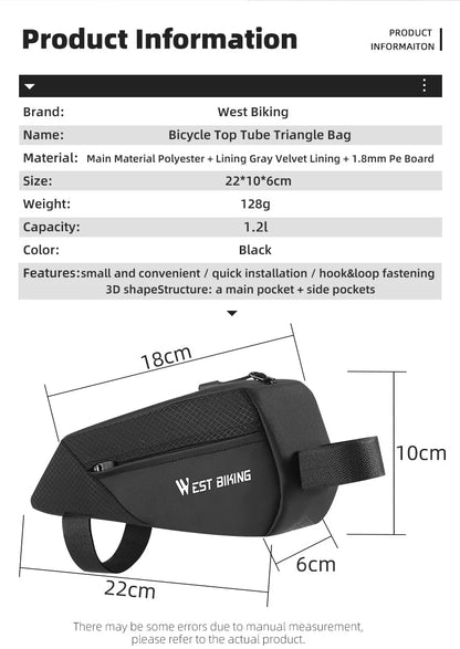 WEST BIKING Bicycle Top Tube Bag 1.2L Portable Bike Front Frame Bag 3D Stereo Cycling Tool Bag MTB Road Bike Accessories