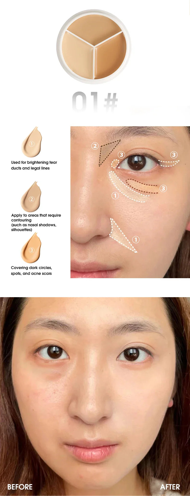 XIXI Pure Holding Makeup Three Color Concealer Spot Acne Print Repair Foundation Dark circles are not easy to stick powder