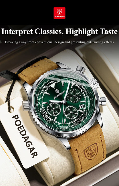 POEDAGAR Luxury Business Men's Watch Waterproof Luminous Date Chronograph Leather Man Clock Fashion Quartz Watches For Men Reloj