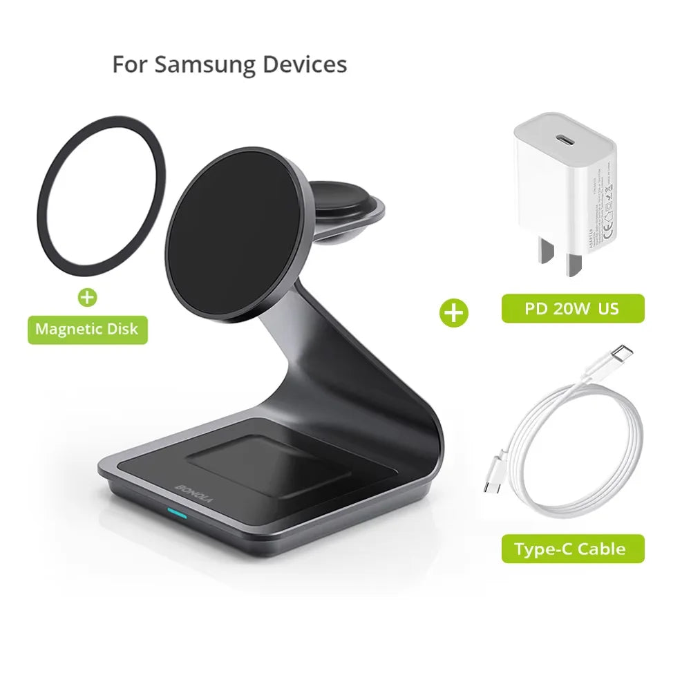 Bonola Magnetic 3 in 1 Wireless Charger Station for Samsung S24 Ultra/S25 25w Fast Charging Stand for Galaxy Watch 7/6/5/Earbuds