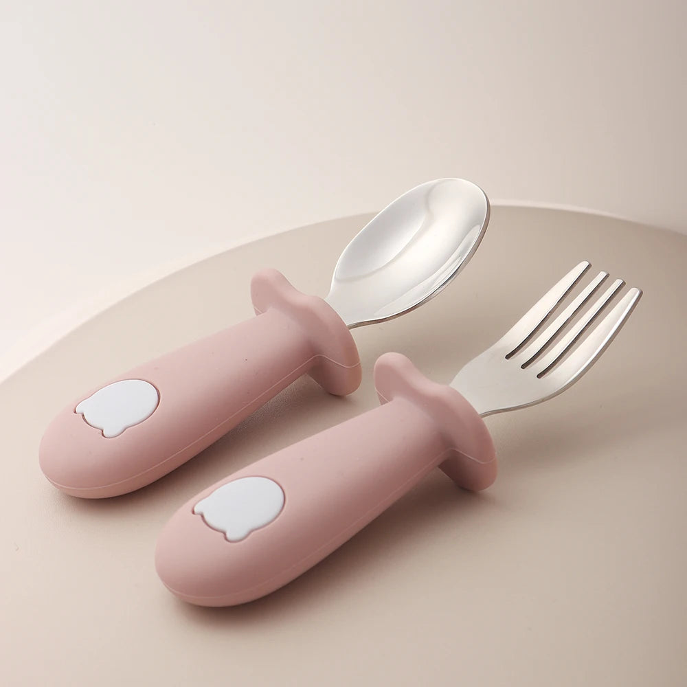 Baby Panda Shape Silicone Spoon and Fork Stainless Steel Baby Feeding Spoon