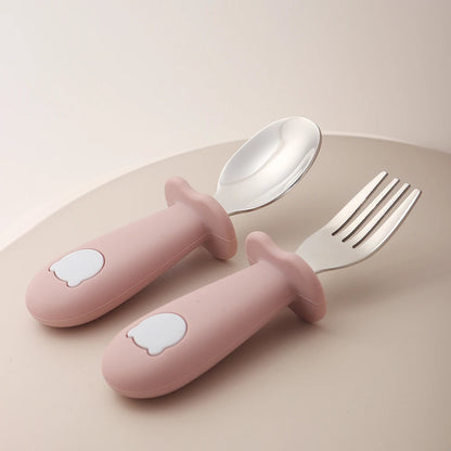 Baby Panda Shape Silicone Spoon and Fork Stainless Steel Baby Feeding Spoon
