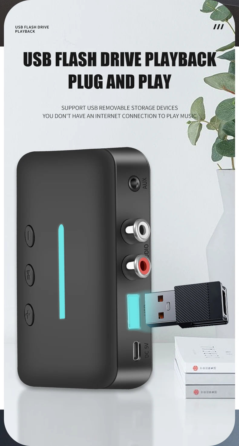 USB Bluetooth 5.3 Audio Receiver Adapter Wireless Stereo Music 3.5mm AUX R/L RCA Support U-Disk Playback For Desktop Speaker Amp