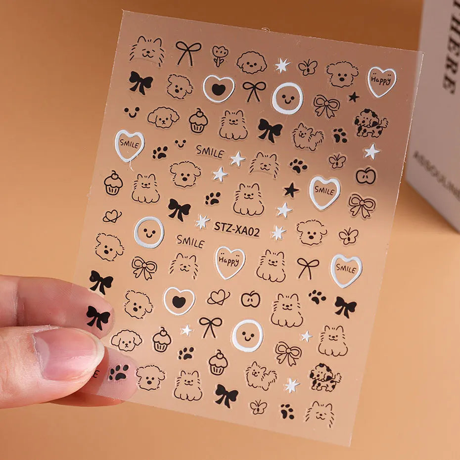 2pcs 3D Cute Silver Smile Dog Decals Y2K Cartoon Cat Footprint Nail Stickers Graffiti Star Heart Bowknot Manicure Slider Decor