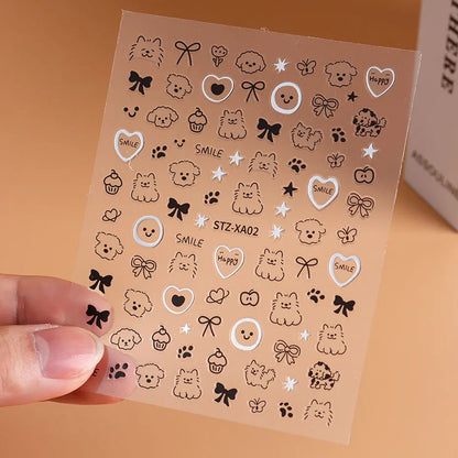 2pcs 3D Cute Silver Smile Dog Decals Y2K Cartoon Cat Footprint Nail Stickers Graffiti Star Heart Bowknot Manicure Slider Decor