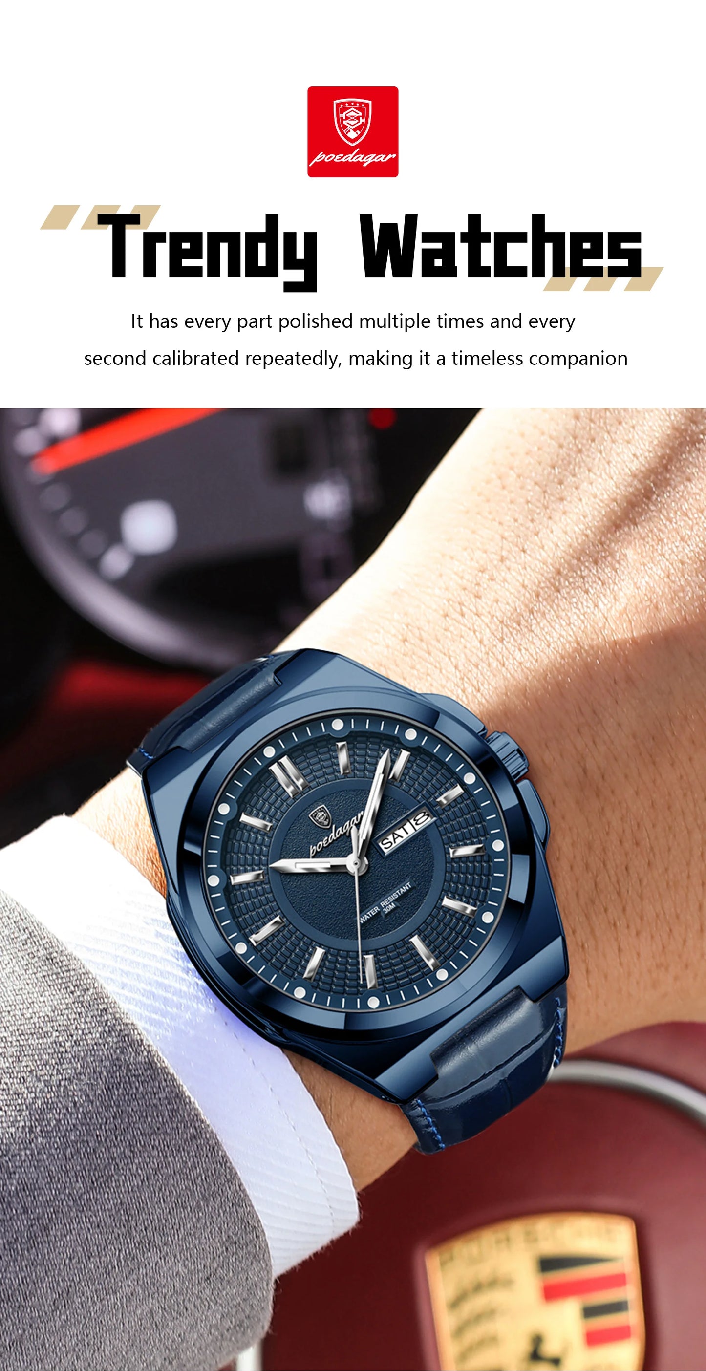 POEDAGAR Fashion Brand Man Wristwatch Waterproof Luminous Date Week Quartz Luxury Men's Watches Leather Business Men Watch Reloj