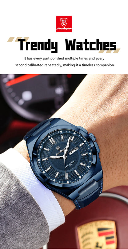 POEDAGAR Fashion Brand Man Wristwatch Waterproof Luminous Date Week Quartz Luxury Men's Watches Leather Business Men Watch Reloj
