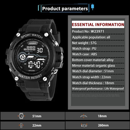 YIKAZE Men's Sports Watch Waterproof Man Sport Watches Multifuction LED Digital Military Watch Alarm Clock Electronic Wristwatch