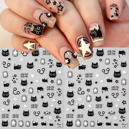 Black Silver Cat Animals Nail Sticker Decals Y2K Charms Cute Dog Cartoon Adhesive Sliders Foils For Manicure Nail Art Decoration