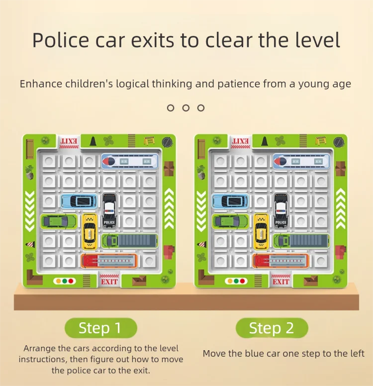 Children's educational puzzle game for logical thinking and concentration, parking lot with moving vehicles and maze toys