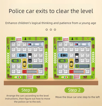 Children's educational puzzle game for logical thinking and concentration, parking lot with moving vehicles and maze toys