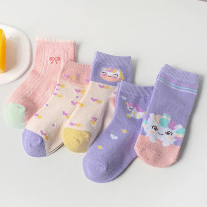 5 Pairs of Kidsren's Socks with Cartoon Cute Unicorn Patterns for Girls and Babies, Versatile Trendyy Bow Mid-Calf Socks, Suitable for Daily Casual Life