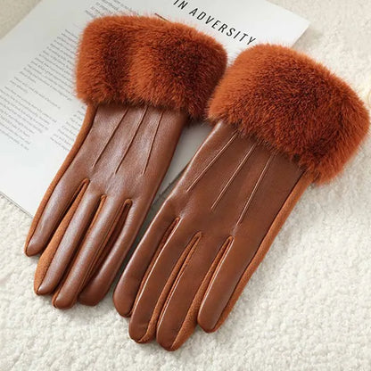 Winter Luxury Women's PU Leather Gloves Wrist Soft Faux Fur Trim Cuff Fashion Elegant Party Warm Touch Screen Drive Cycling